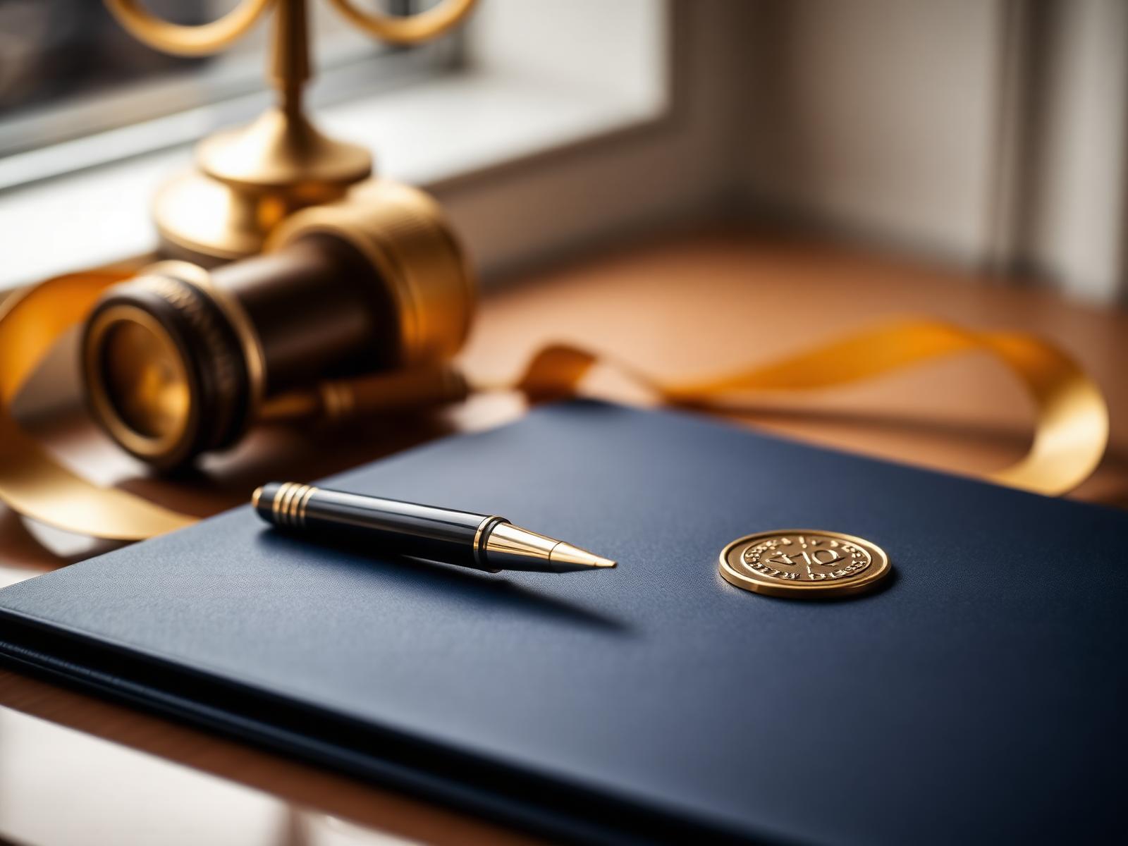 Notary seal, pen, and legal folder